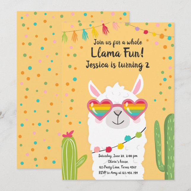Invitation Llama Fiesta Lunettes de soleil Coeur Anniversaire (Devant / Derrière)