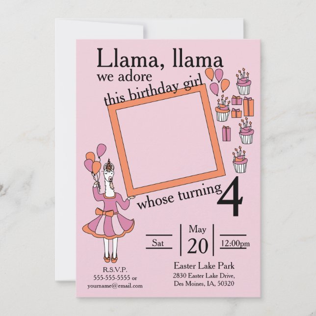 Invitation Llama fille d'anniversaire (Devant)