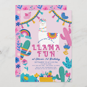 Invitation Llama Fun Alpaca fille rose 1er anniversaire