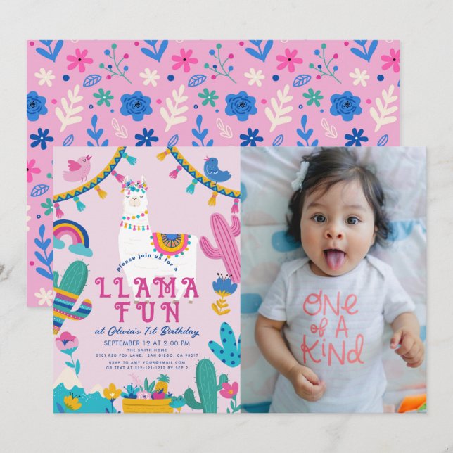 Invitation Llama Fun Alpaca Girl rose 1er anniversaire Photo (Devant / Derrière)