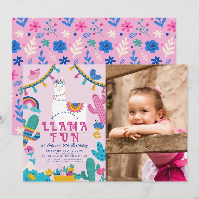 Invitation Llama Fun Alpaca Girl rose Anniversaire Photo (Devant / Derrière)