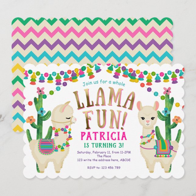 Invitation Llama Fun entier, fête d'anniversaire de Llama Inv (Devant / Derrière)