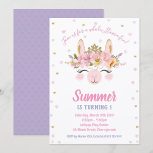 Invitation Llama Fun Girl 1er Anniversaire Fête Alpaca