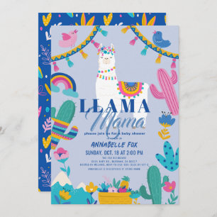 Invitation Llama Mama Alpaca Cactus Blue Boy Baby shower