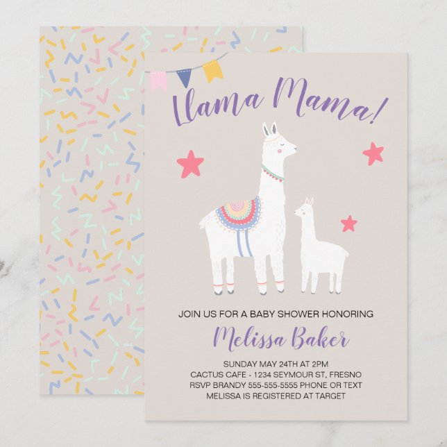 Invitation Llama Mama Baby Llama Baby shower mignonne (Devant / Derrière)