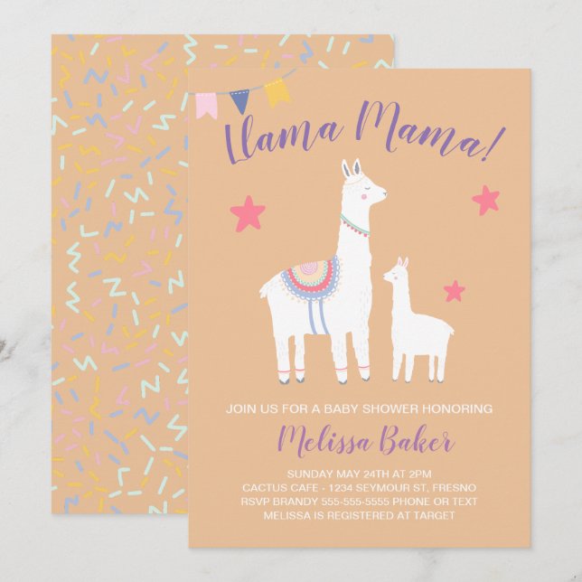 Invitation Llama Mama Baby Llama Peach Violet Baby shower (Devant / Derrière)