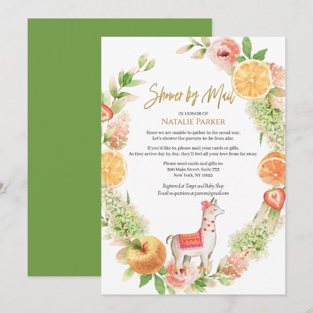 Invitation Llama Mama Baby shower Floral de verdure par Mail (Devant / Derrière)