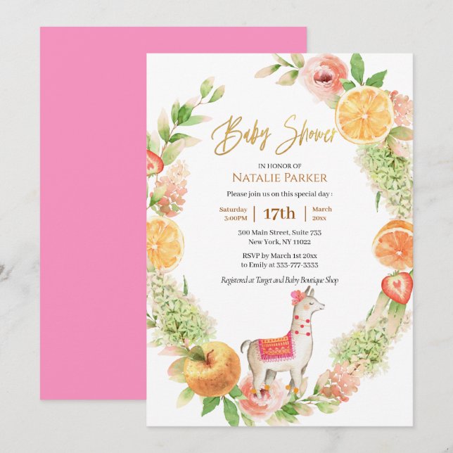 Invitation Llama Mama Citrus Baby shower de verdure fleurie (Devant / Derrière)
