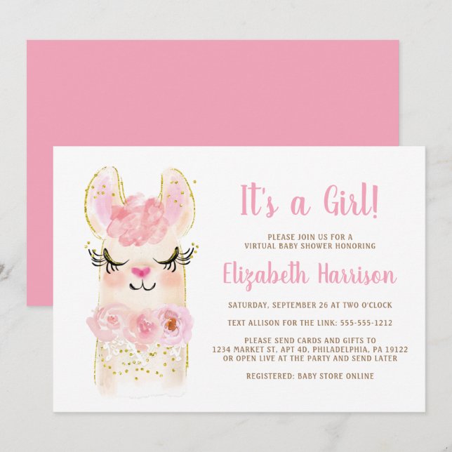 Invitation Llama Mama Rose Baby Girl Virtual Shower Invitatia (Devant / Derrière)