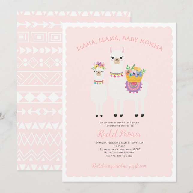 Invitation Llama Momma - Cute, Bébée Douche pour fille (Devant / Derrière)