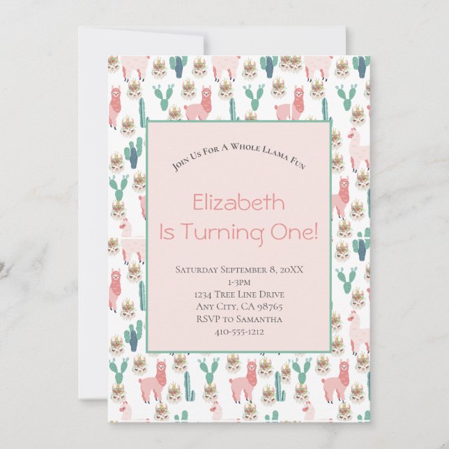 Invitation Llama rose et vert Cactus mignonne Anniversaire de (Devant)