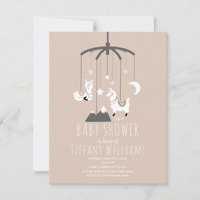 Invitation Llama Stars Baby shower fille rose (Devant)