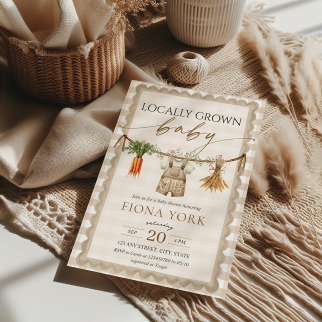 Invitation Locally Grown Baby Farmer's Market Beige Gingham (Locally Grown Baby Beige Gingham Gender Neutral Home Grown Farmer's Market Baby Shower Invitation)