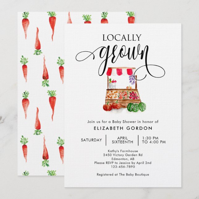 Invitation Locally Grown Baby Shower Watercolor Vegetables  (Devant / Derrière)