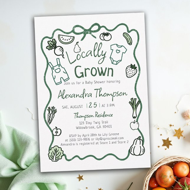 Invitation Locally Grown Hand Drawn Bow Clothes Baby Shower (locally grown baby shower invitation hand drawn bow frame produce farm fresh green clothes)