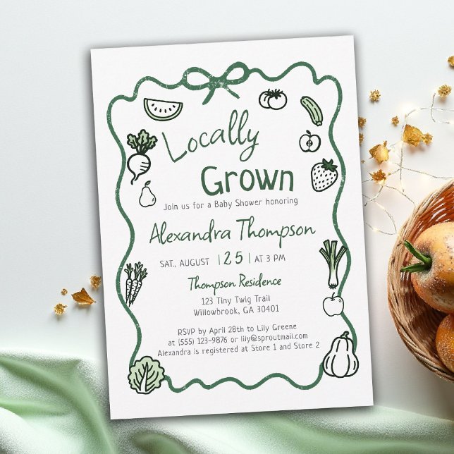 Invitation Locally Grown Hand Drawn Bow Squiggle Baby Shower (locally grown baby shower invitation hand drawn bow frame produce farm fresh green script written )