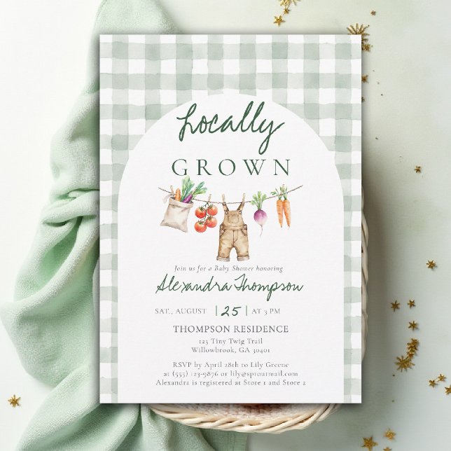 Invitation Locally Grown Produce Clothes Line Baby Shower (locally grown baby shower invitation clothes line overalls produce watercolor green gingham arch)