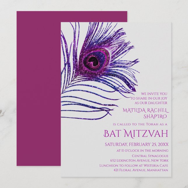 Invitation Logo de Bat Mitzvah de plumes de paon scintillante (Devant / Derrière)