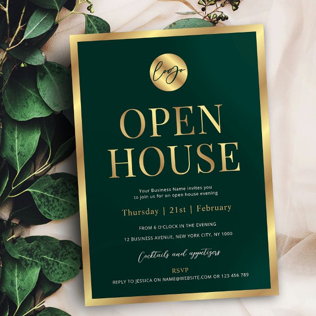 Invitation Logo de l'entreprise moderne Green & Gold Bureau O (Professional emerald green and faux gold business logo open house invitation design)