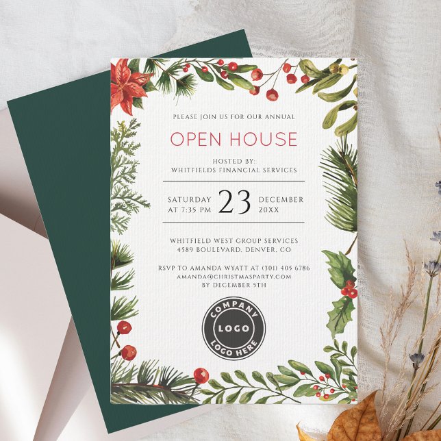 Invitation Logo d'entreprise botanique de Noël (Christmas Red Berries Business Logo Open House Invitation)