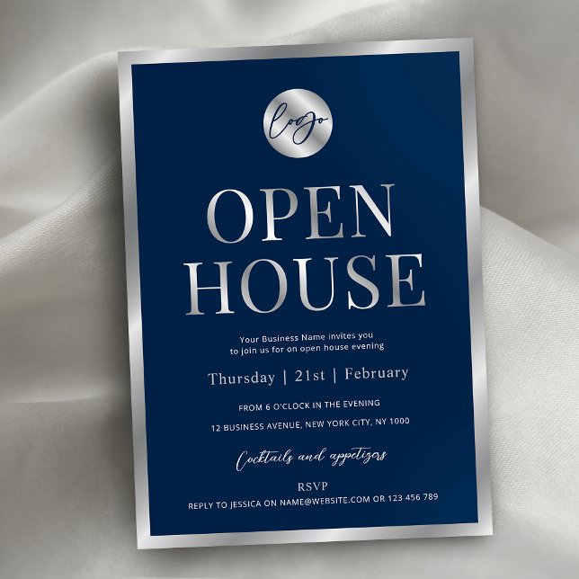 Invitation Logo d'entreprise moderne Marine & Silver Open Hou (Professional navy blue and faux silver business logo open house invitation design)