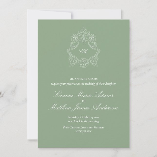 Invitation Logo Monogramme de Crête Vert Sauge Mariage (Devant)