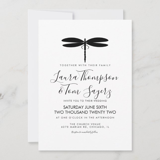 Invitation Logo simple Mariage de libellules Noir Blanc (Devant)