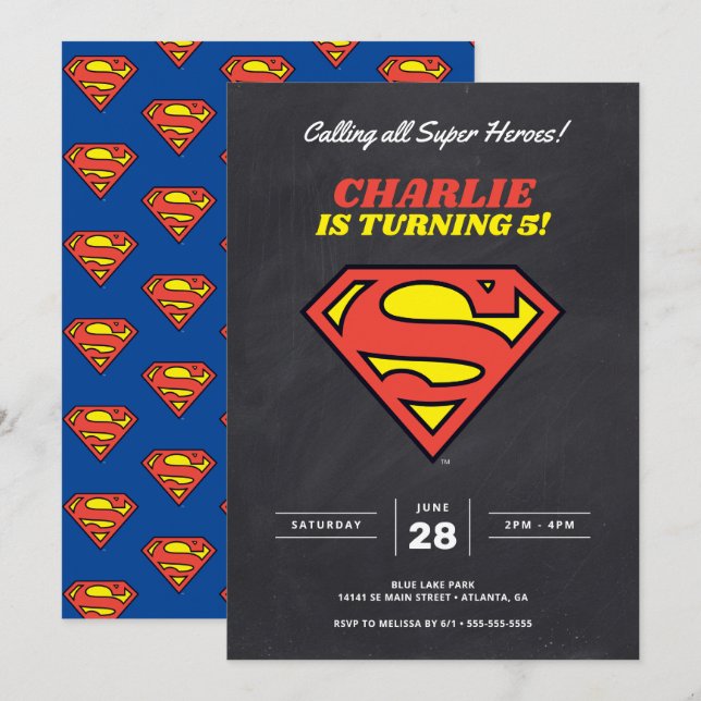 Invitation Logo Superman | Chalkboard Super Hero Anniversaire (Devant / Derrière)