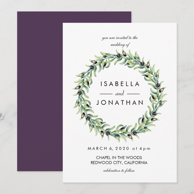 Invitation L'Olivier | Aquarelle rustique mariage de couronne (Devant / Derrière)