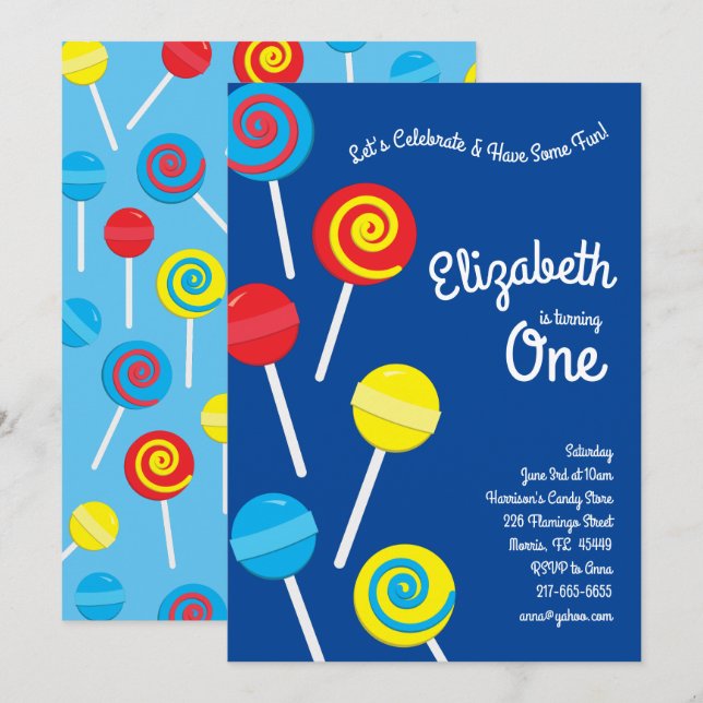 Invitation Lollipop Candy 1er anniversaire (Devant / Derrière)