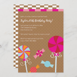 Invitation Lollipop moderne : Candy Brown rose fête d'anniver