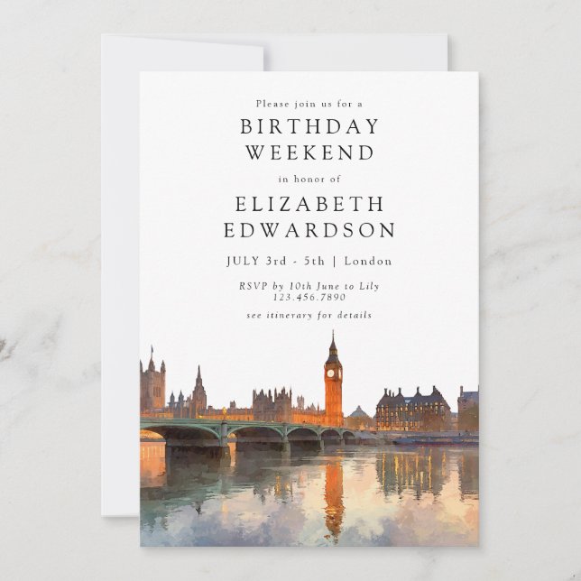 Invitation London Skyline Watercolor Birthday Weekend (Devant)