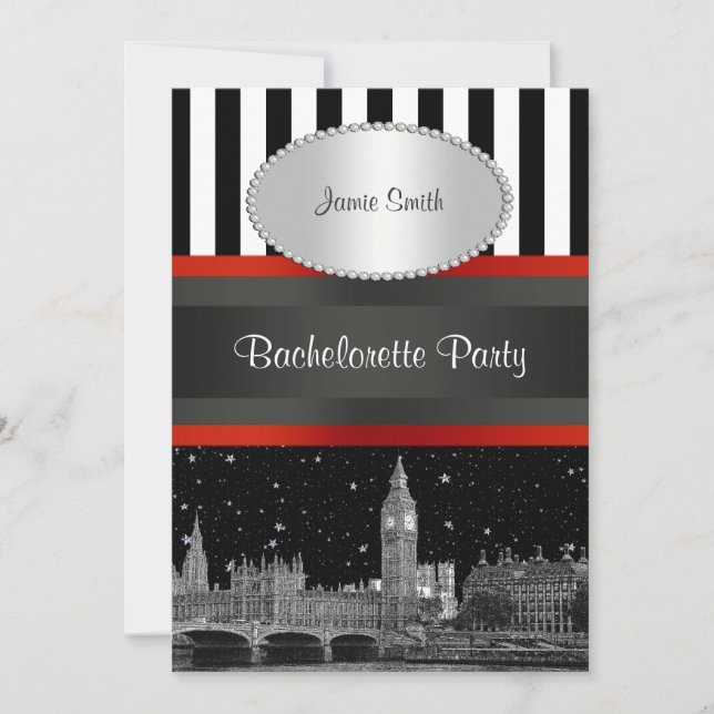 Invitation Londres Skyline BW Blk Wht Stripe Red Bachelorette (Devant)