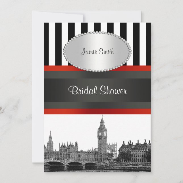 Invitation Londres Skyline BW Blk Wht Strp Red Fête des marié (Devant)