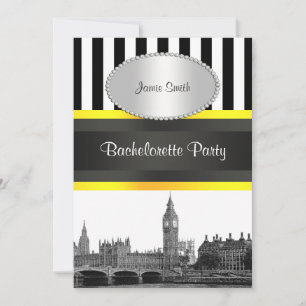 Invitation Londres Skyline BW Blk Wht Strp Ylo P Bachelorette