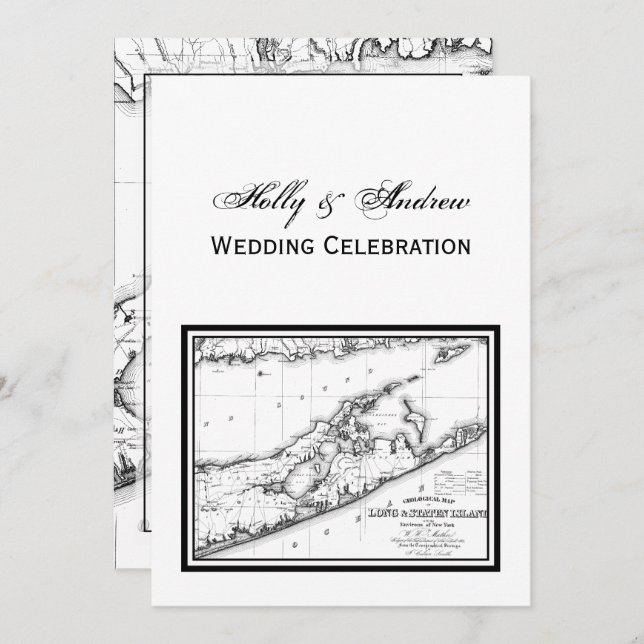 Invitation Long Island The Hamptons Map VC Mariage noir (Devant / Derrière)