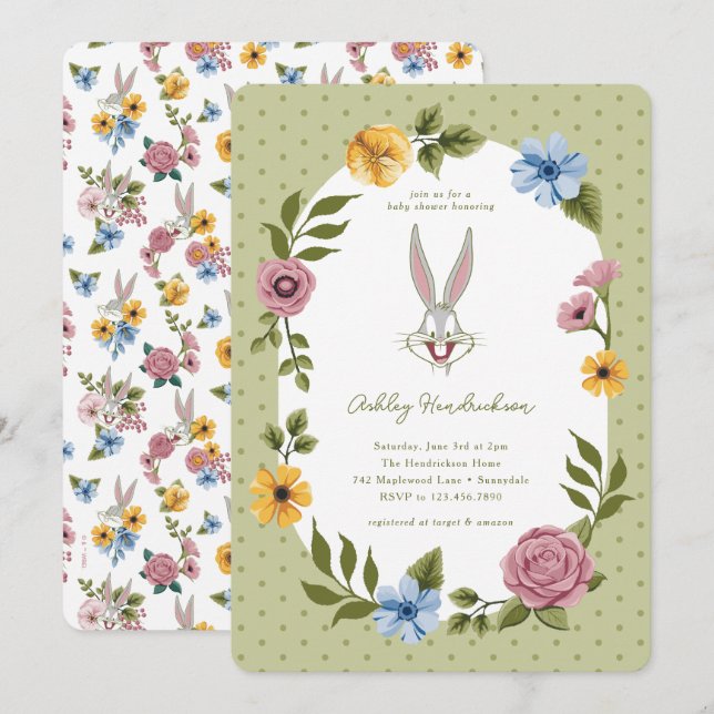 Invitation LOONEY TUNES™ | BUGS BUNNY™ Floral Baby Shower (Devant / Derrière)