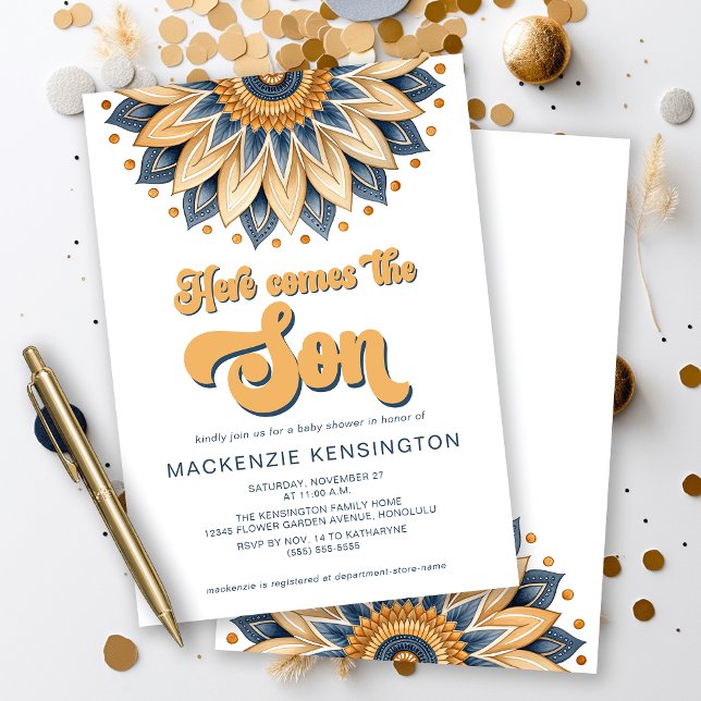 Invitation L'Or Bleu Ici Vient Le Baby shower Fils (Here comes the SON - cute navy blue and gold sunflower sunshine baby shower invitation)
