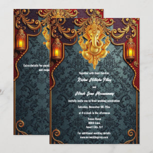 Invitation Lord Ganesh bleu or luxueux mariage indien