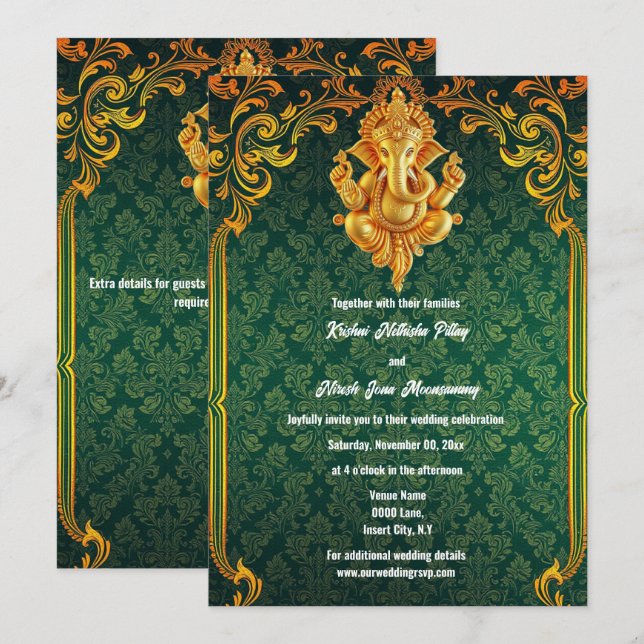 Invitation Lord Ganesh vert or paisley luxuriant indien (Devant / Derrière)