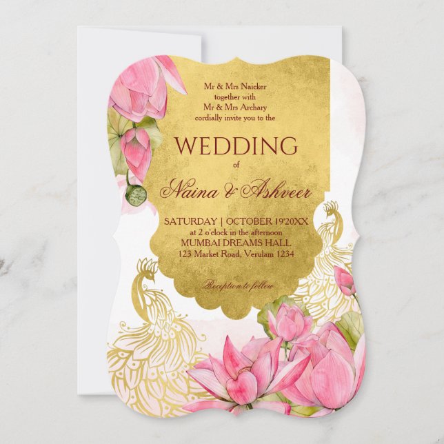 Invitation Lotus de paon rose et or mariage indien (Devant)