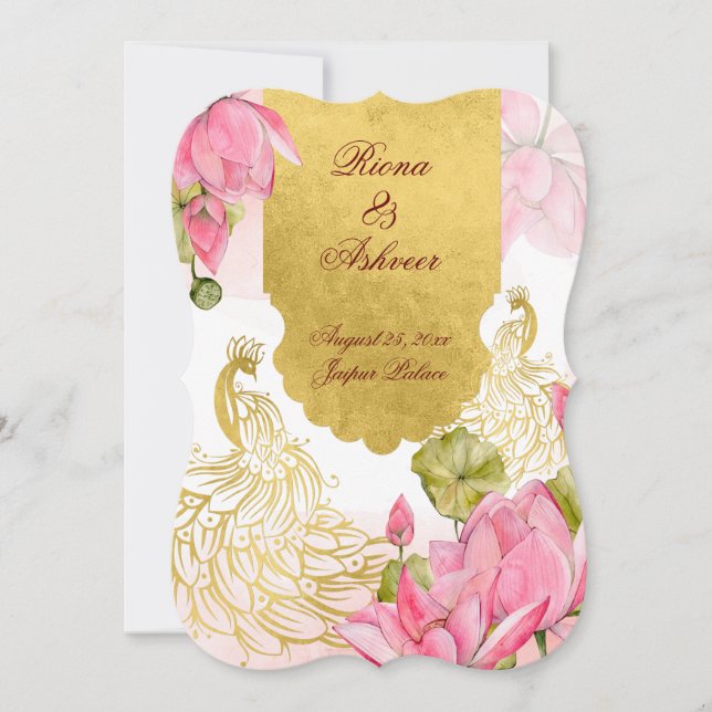 Invitation Lotus de paon rose et or mariage indien (Devant)