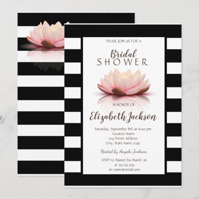 Invitation Lotus Flower Black White Stripes Fête des mariées (Devant / Derrière)