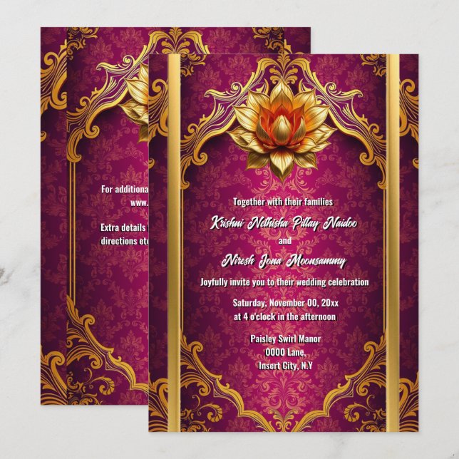 Invitation Lotus prune or Hindi Hindu mariage élégant (Devant / Derrière)