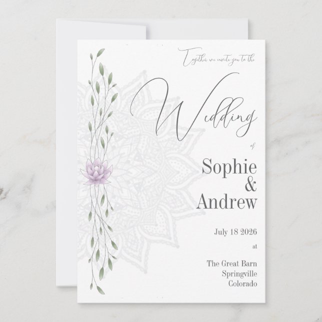 Invitation Lotus simple feuille et rose avec Mariage Mandala (Devant)