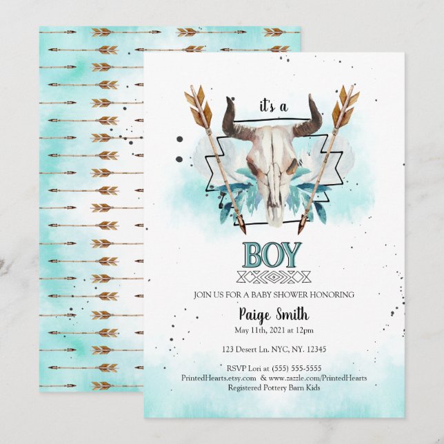 Invitation L'Ouest sauvage | Rustic Skull & Flèches Baby show (Devant / Derrière)