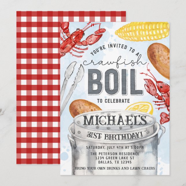 Invitation Louisiana Crawfish Seafood Boil Anniversaire (Devant / Derrière)