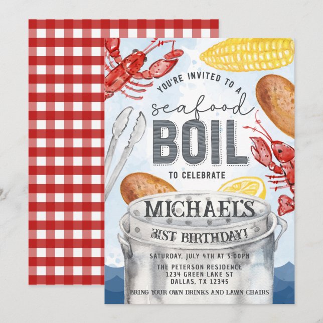 Invitation Louisiane Fruits de mer Homard Crabe bouillie fête (Devant / Derrière)