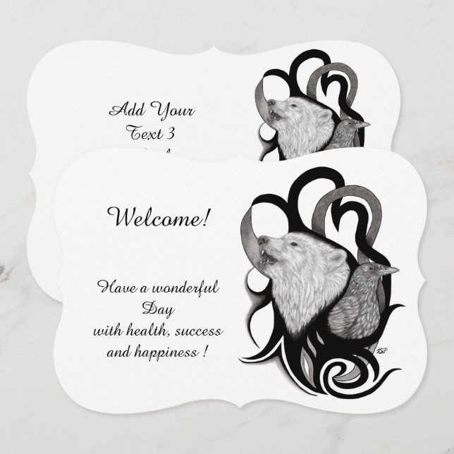 Invitation Loup blanc avec corbeau, Ajouter votre texte Invit (Devant / Derrière)