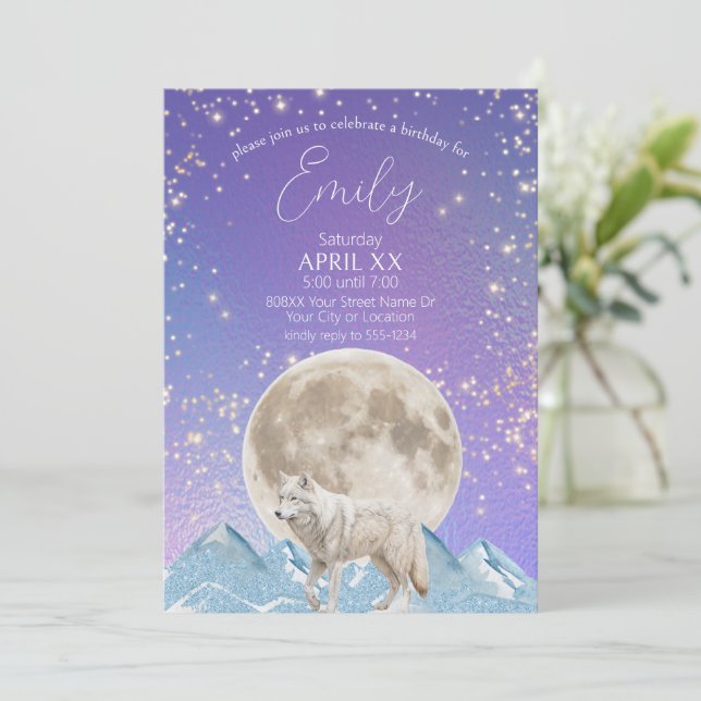 Invitation Loup blanc et lune aurores boréales (Debout devant)